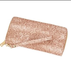 WOZEAH RFID Blocking PU Leather Zip Around Wallet Clutch Faux Snake Cuban Sand